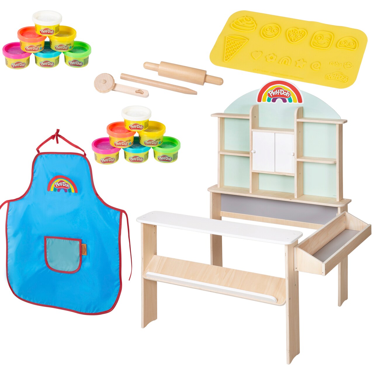 Play-Doh: All-Inclusive Shop - Wooden Creative Shop Stand Set, (12) 1oz Playdoh Containers of Play-Doh, 3pc Wooden Tools, 3D Silicone Mat, Kids Age 3+